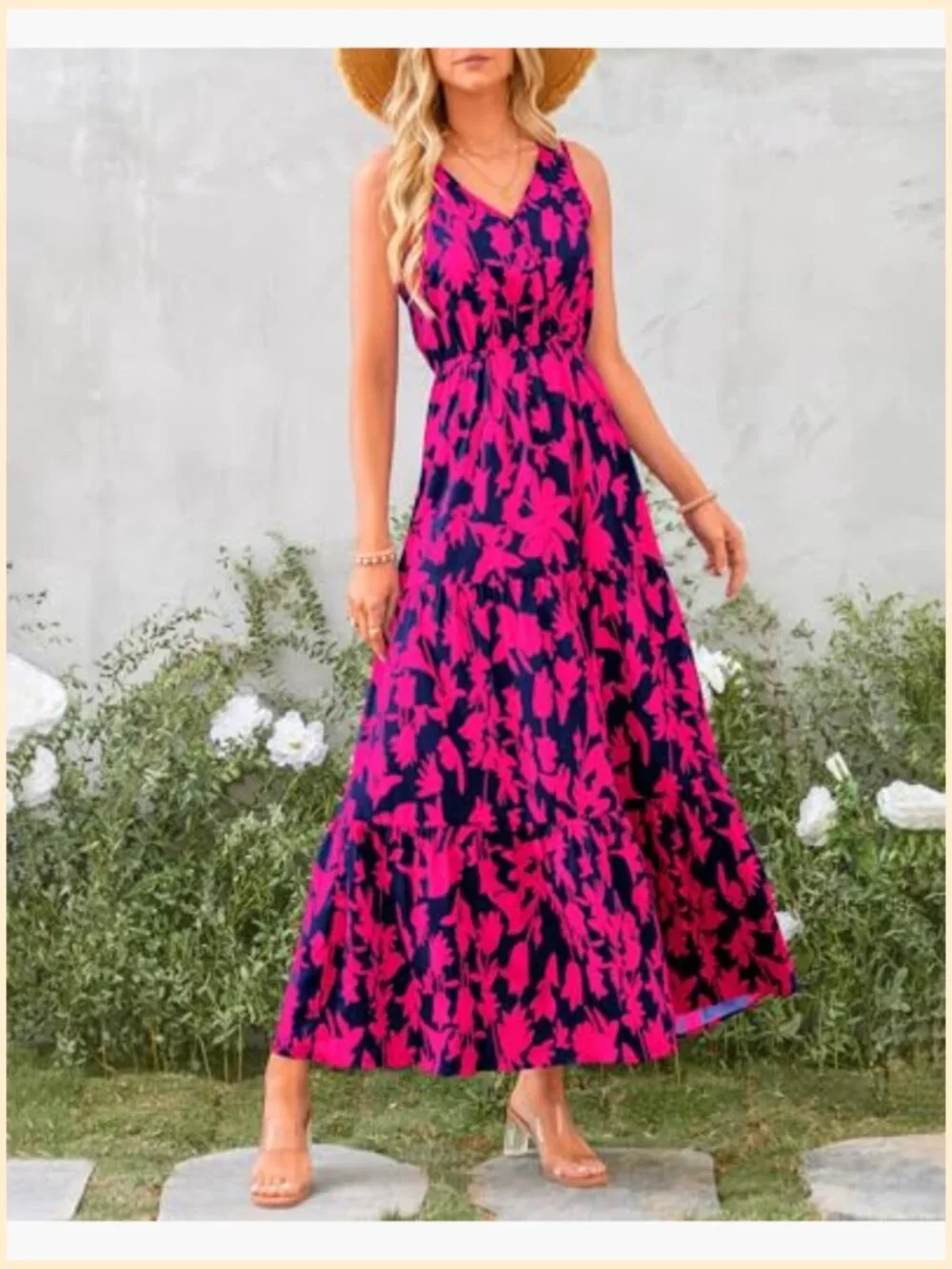 Women's Sleeveless Floral Maxi Dress with V Neck & High Waist - Picture 6 of 7
